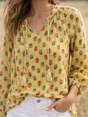 Anthropologie Porridge Elisabeth Blouse Mustard Floral Tassel Tie Boho Medium
